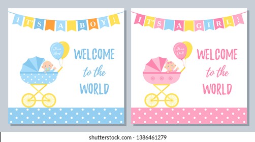 Baby Shower card. Vector. Baby boy girl banner. Welcome template invitation. Cute birth party background. Blue pink invite design. Set greeting posters with newborn kid and pram. Cartoon illustration.