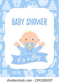 Baby Shower card. Vector. Baby boy invite design. Blue banner. Welcome template invitation Cute birth party background. Happy greeting poster. with newborn kid. Cartoon flat illustration.
