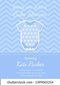 Baby Shower card. Vector. Baby boy invite. Cute blue design. Birth party background. Welcome template invitation banner. Happy greeting holiday poster with onesie. Cartoon flat illustration.