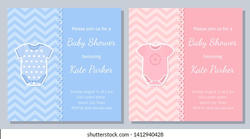 Baby Shower card. Vector Baby boy, girl invite. Welcome template invitation banner. Cute blue, pink design. Birth party background. Happy greeting holiday poster with onesie. Flat illustration.
