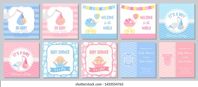 Baby Shower card. Vector. Baby boy girl invitation. Welcome invite template banner. Blue, pink design. Birth party background. Set greeting posters with newborn kid, stork, pram. Cartoon illustration