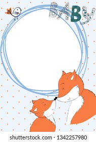 Baby shower card. Vector fox mom and baby