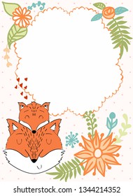 Baby shower card. Vector fox mom and baby