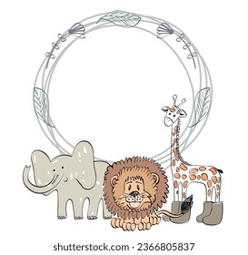 Baby shower card. Vector frame with safari animals.