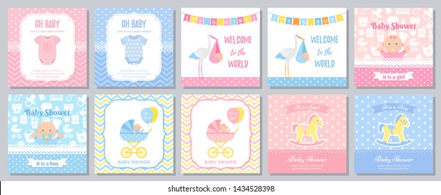 Baby Shower Card. Vector. Baby Girl Boy Invitation. Welcome Invite Template Banner. Blue Pink Design. Birth Party Background. Greeting Posters With Newborn Kid, Stork, Onesie. Cartoon Illustration