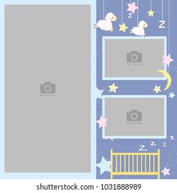Baby shower card vector. Photo frame and postcard for children. Decorations for newborn. Template for children's photo album or postcard.