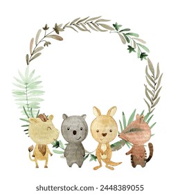 Baby shower card. Vector watercolor frame with australian animals.