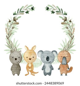 Baby shower card. Vector watercolor frame with australian animals.