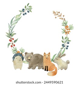 Baby shower card. Vector watercolor woodland wreath with animals.