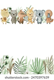 Baby shower card. Vector watercolor frame with australian animals.