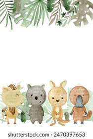 Baby shower card. Vector watercolor frame with australian animals.