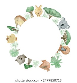 Baby shower card. Vector watercolor frame with australian animals.