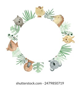 Baby shower card. Vector watercolor frame with australian animals.