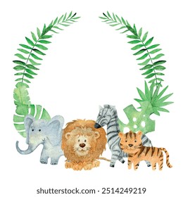 Baby shower card. Vector Watercolor safari card with animals.
