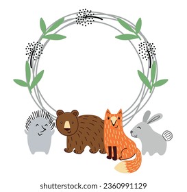 Baby shower card. Vector woodland frame with animals.