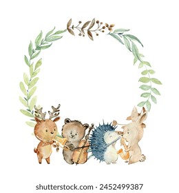 Tarjeta de baby shower. Vector de acuarela armazón de bosque con animales.