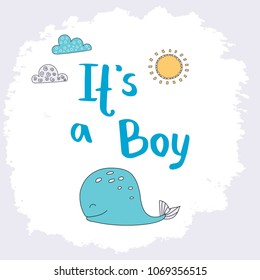 Baby shower card with a whale. Gender reveal. It is a boy vector illustration.