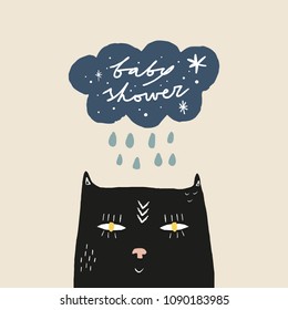 Baby shower card, white brush lettering, handwriting font. Vector and jpg image. Clipart, isolated details. Editable elements.