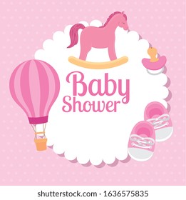 baby shower card with wooden horse and decoration vector illustration design