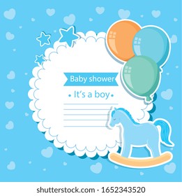 baby shower card with wooden horse toy and decoration vector illustration design