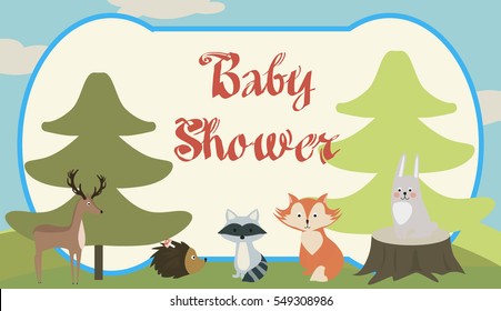 Baby Shower card with woodland animals. Vector illustration