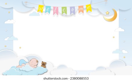 Tarjeta de ducha para bebés,Pequeño azul lindo durmiendo en nubes esponjosas con luna creciente,estrella en cielo azul y fondo de nube,Vector Paper corte fondo de paisaje de nube con espacio de copia para la foto del bebé recién nacido