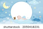 Baby shower card,Cute little boy sleeping on crescent moon, milk bottle and teddy bear on Blue Sky and Clouds layers background,Vector Paper cut cloudscape backdrop with copy space for baby's photos