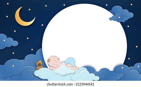 Baby shower card,Cute little boy and teddy bear sleeping on fluffy cloud with crescent moon and dark blue sky at night background, Vector Paper cut cloudscape backdrop with copy space for baby's photo