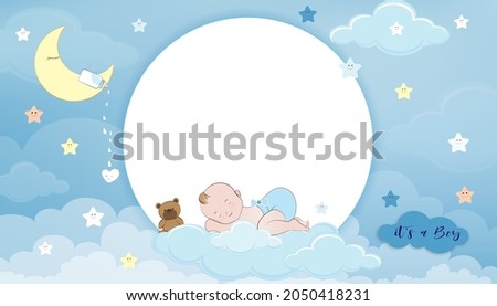 Baby shower card,Cute little boy sleeping on crescent moon, milk bottle and teddy bear on Blue Sky and Clouds layers background,Vector Paper cut cloudscape backdrop with copy space for baby's photos