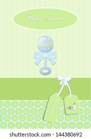 baby shower card,for baby boy, with rattle.Vector eps10, illustration.