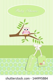 baby shower card,for baby girl, with owl.Vector eps10, illustration.