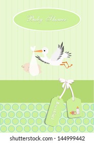 baby shower card,for baby girl, with stork.Vector eps10, illustration. 