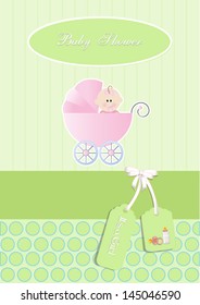 baby shower card,for baby girl, with stroller.Vector eps10, illustration.