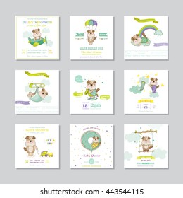 Baby Shower Cards. Arrival Cute Dog Boy. Vector Set.