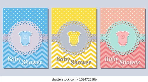 Baby shower cards. Cute invitation for baby shower party lacy frames. Vector illustration. Set greeting background for boy and girl with bodysuit. Holiday templates of die laser cutting.