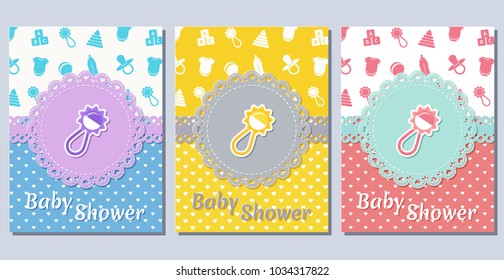 Baby shower cards. Cute invitation for baby shower party. Vector illustration. Set greeting backgrounds for boy and girl. Holiday templates of die laser cutting. Lacy frames.