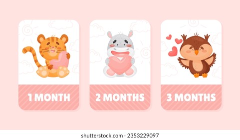 Baby Shower Cards with Funny Cartoon Animal with Heart Feel Love Vector Template