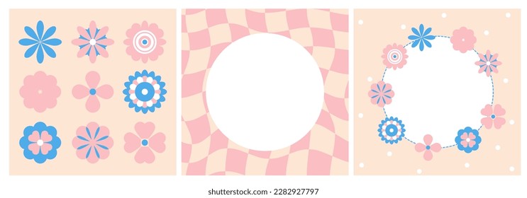 Baby shower cards with geometry flowers. Frame for picture. Retro grid. Sorbet colors, blue and pink, invitation, 70s