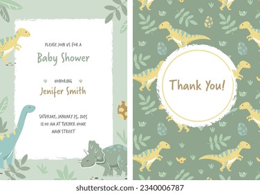 Baby shower cards, invitations, green baby dinosaurs. Hand drawn brontosaurus, tyrannosaurus, and triceratops for birthday greeting cards, posters. Vector cartoon flat illustration