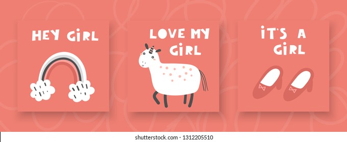Baby shower cards, postcards for newborn girl with unicorn, rainbow, shoes, hey girl, love my girl, it's a girl lettering quotes. Cute invitations, pages, cover for kids