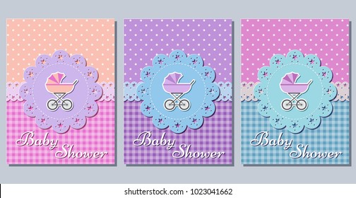 Baby shower cards. Set cute invitation for baby shower party lacy frames. Vector illustration. Greeting background in pastel colors for girl and boy. Holiday templates of die laser cutting.