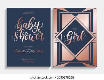 Baby Shower Cards Set With Lettering. Modern Geometric Design With Navy Blue And  Rose Gold Colors. Elegance Invitation For Baby Shower. Vector Illustration.