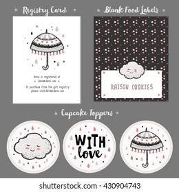 Baby Shower Cards Templates And Gift Tags With Cute Clouds And Umbrella