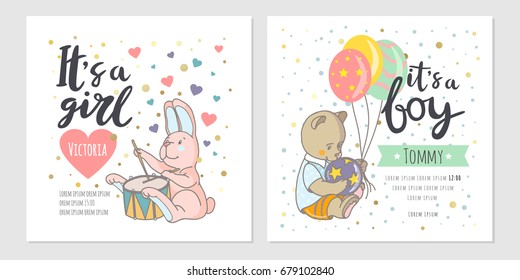 Baby shower cards with toys, hearts, stars and hand drawn letters. Colorful vector invites