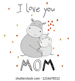 Baby shower cards. Vector hippo mom and baby