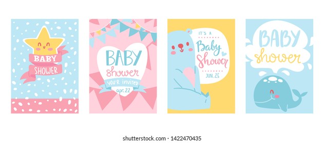 Baby shower cards vector illustration set. Cute invitation cards for newborn boy and girl party. Invitation greeting for babies. Becoming parents. Cartoon whale, star, bear. For posters, flyers.