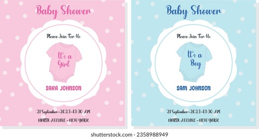 Baby shower cards vector illustration set. Cute invitation cards for newborn boy and girl party. Invitation greeting for babies. 