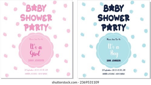 Baby shower cards vector illustration set. Cute invitation cards for newborn boy and girl party. Invitation greeting for babies. 