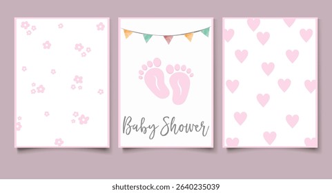 Baby shower cards vector illustration set. Cute invitation cards for newborn girl party. Invitation greeting for babies.