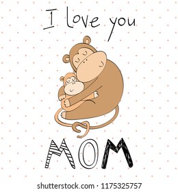 Baby shower cards. Vector monkey mom and baby